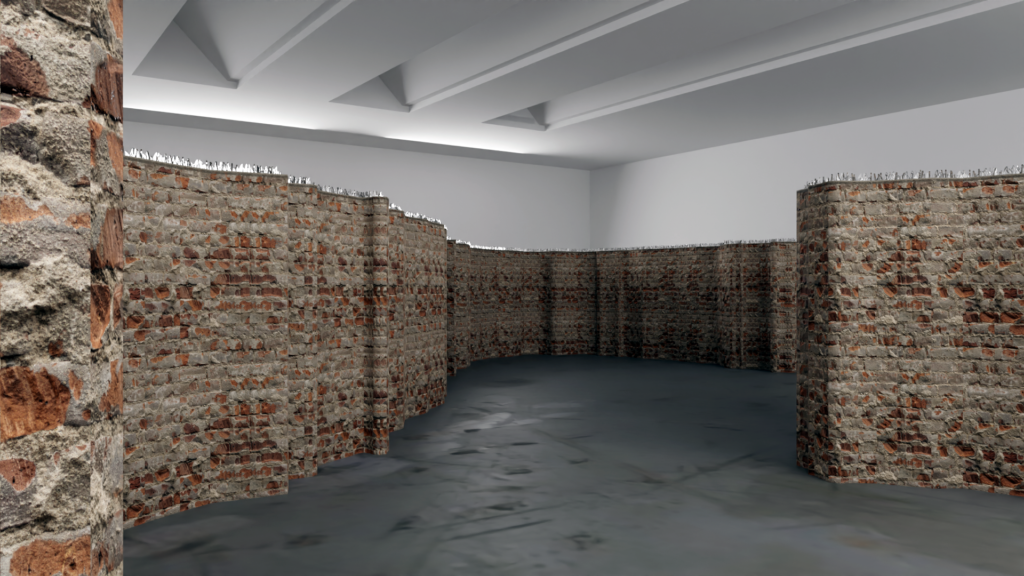"Muri" (Walls), installation of bricks, cement, and glass by Andrés Felipe Castaño exploring the fragility of borders and the violence of exclusion in contemporary art.